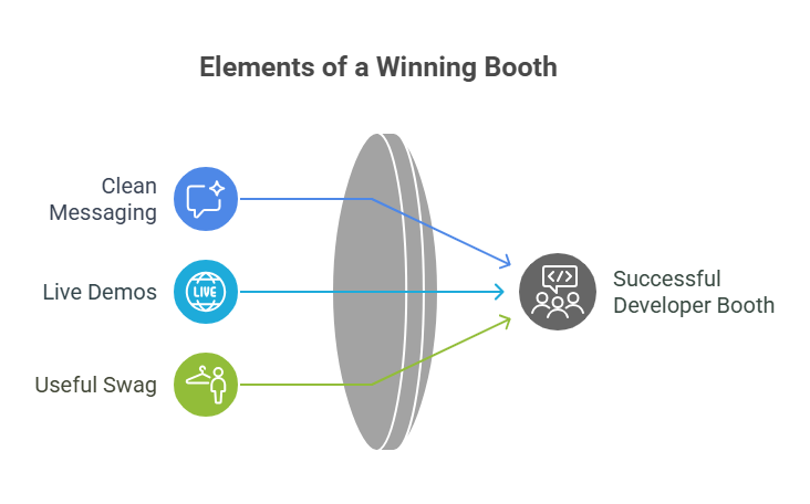 Best way to market to developers at conferences: winning booth elements showing clean messaging, live demos, and developer-focused swag strategies
