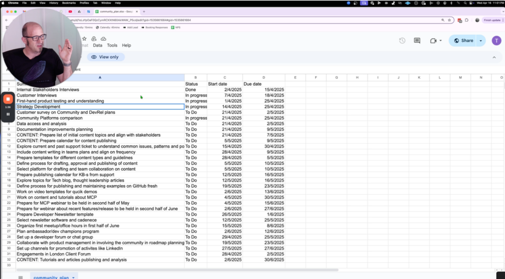 Screenshot of Jono reviewing Interop’s six month plan for building developer communities in a Loom strategy session.