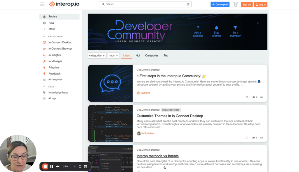 Screenshot of Mindy giving onboarding and category-structure feedback during Interop’s early phase of building developer communities on Discourse.
