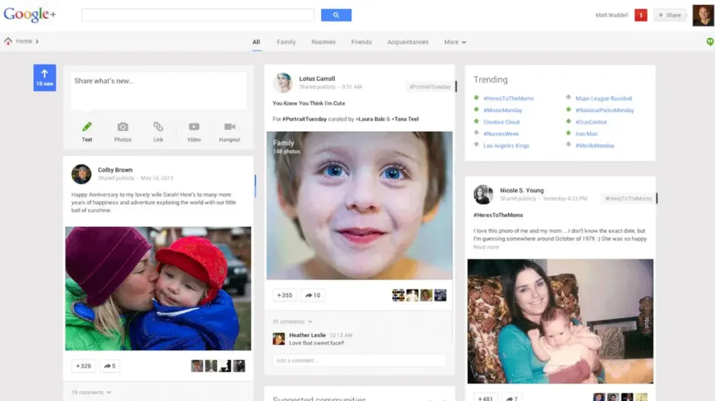  Google Plus interface showing features like communities and material design that failed due to weak positioning strategy