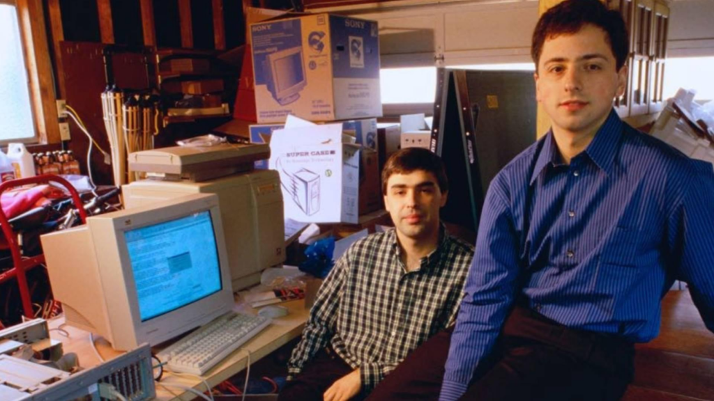 Google’s first office in a garage with co-founders Sergey Brin and Larry Page