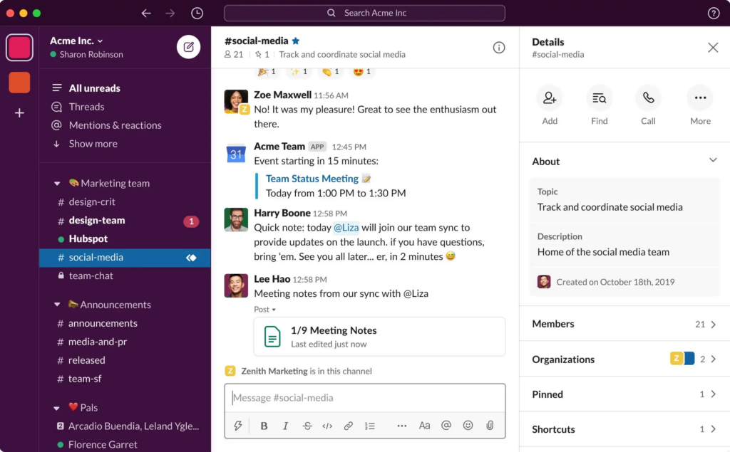 Slack’s interface designed for asynchronous communication for teams.