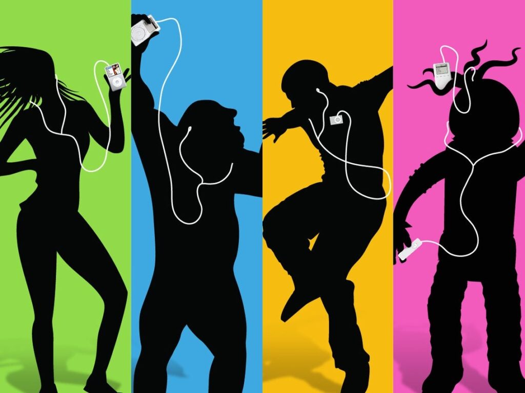 Apple iPod silhouette advertisement showing emotion-driven positioning strategy with dancing figures and white earbuds against colorful backgrounds