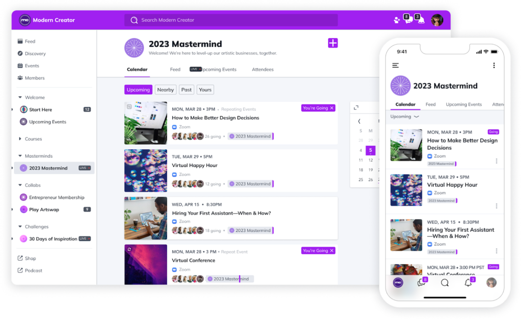 Graphic of Mighty Networks displaying course layouts and lesson structure.