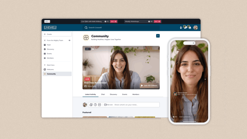 Graphic of Mighty Networks highlighting its live-streaming and built-in video features.