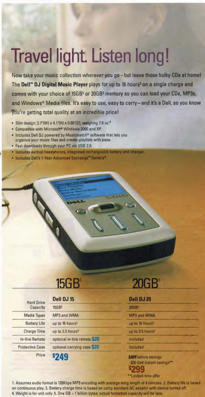 Dell MP3 player advertisement listing technical specifications and features, exemplifying feature-led positioning strategy that failed against Apple's iPod