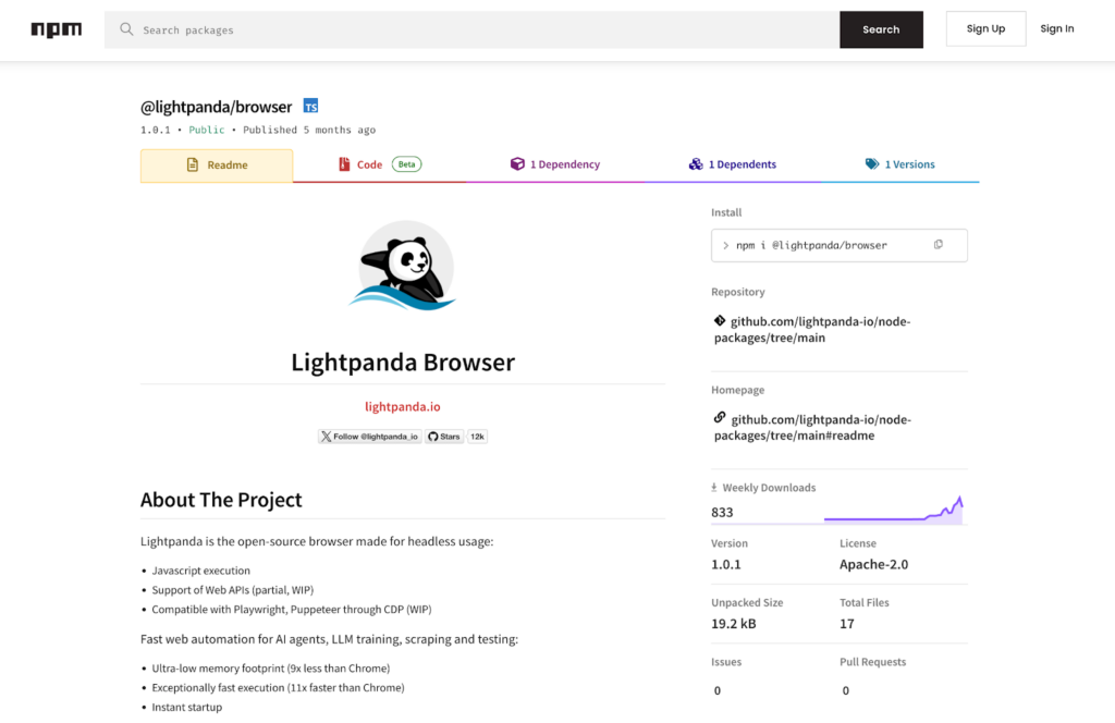Lightpanda npm package page showing weekly download statistics as an alternative to GitHub stars for measuring open source project success