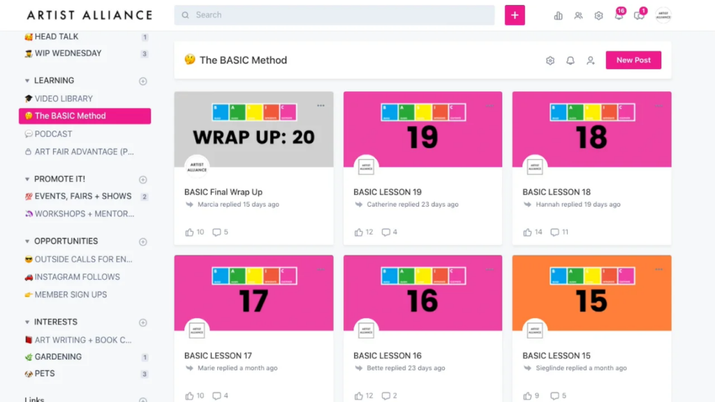 Circle.so interface showing Spaces used to organize different community discussions.