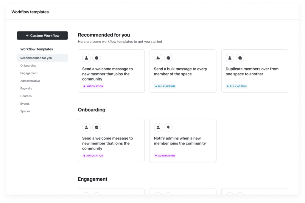 Circle.so interface displaying workflow templates that automate responses and actions within a community.