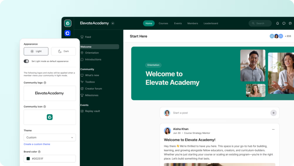 Circle.so highlighting design and layout controls for community platforms.