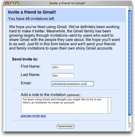 Early Gmail invite feature from the 2000s, allowing users to send invitations to others.