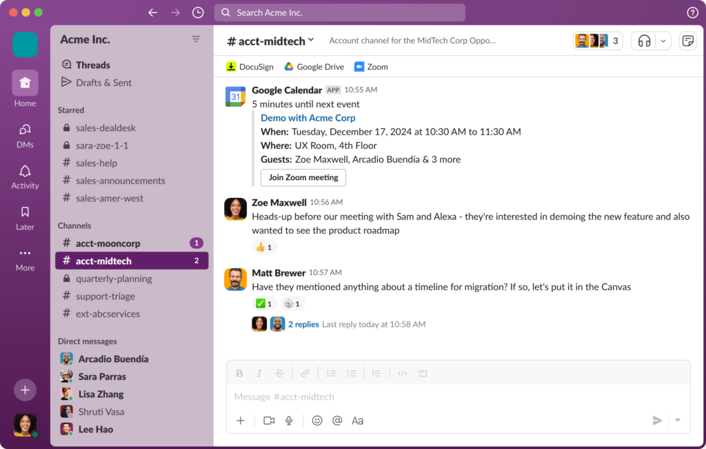 Slack interface showing team chat channels and conversations.