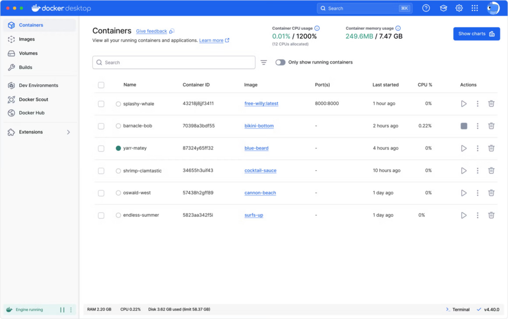 Docker interface used for managing containers and applications.