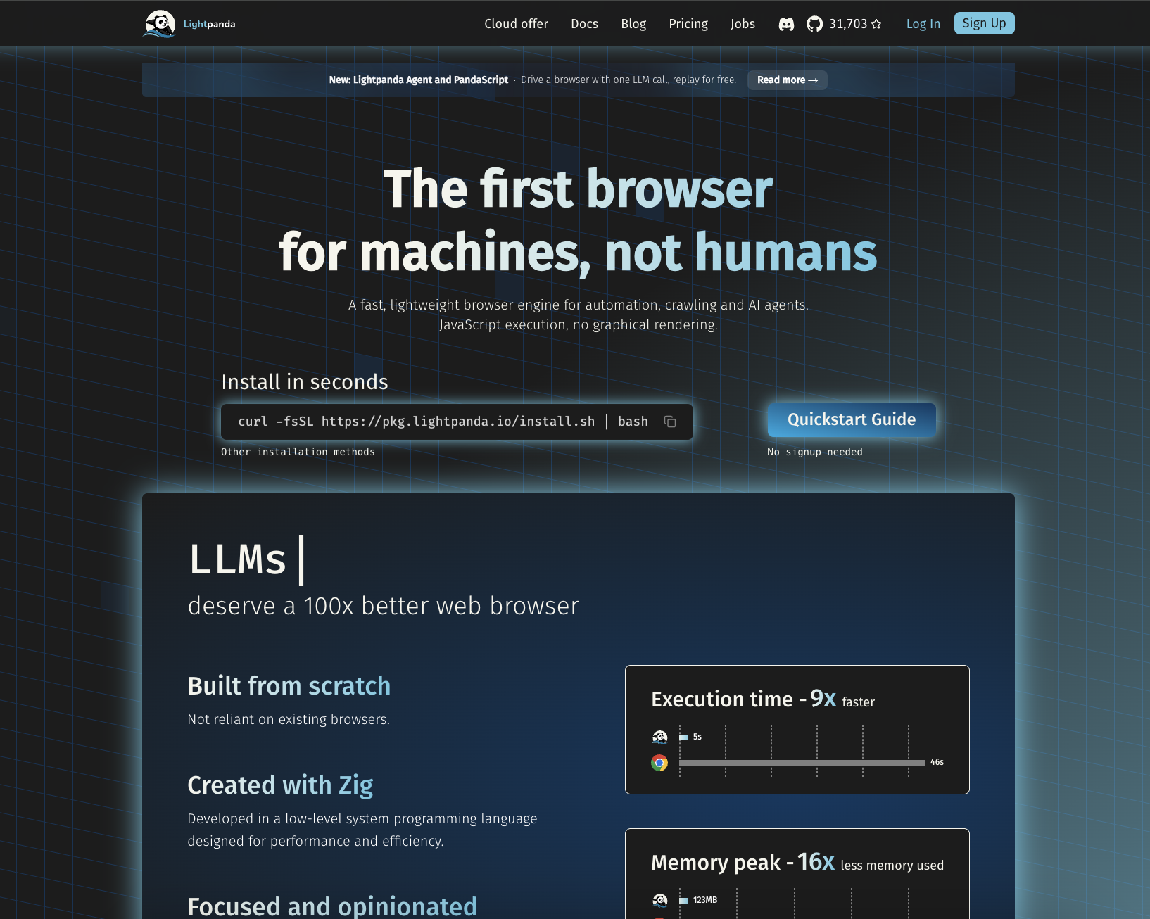 Lightpanda homepage, a developer tool getting recommended by AI, with the tagline "The first browser for machines, not humans" and a one-line install command.