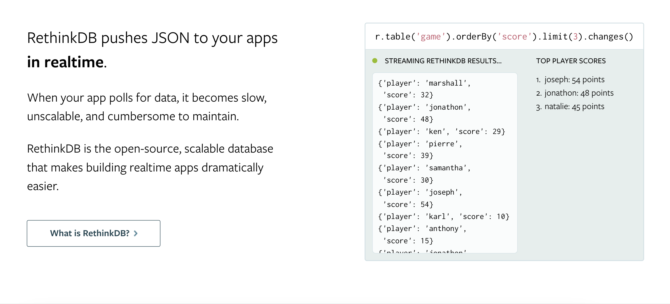 RethinkDB's homepage using benchmarks to position itself and an example of why go to market strategy fails