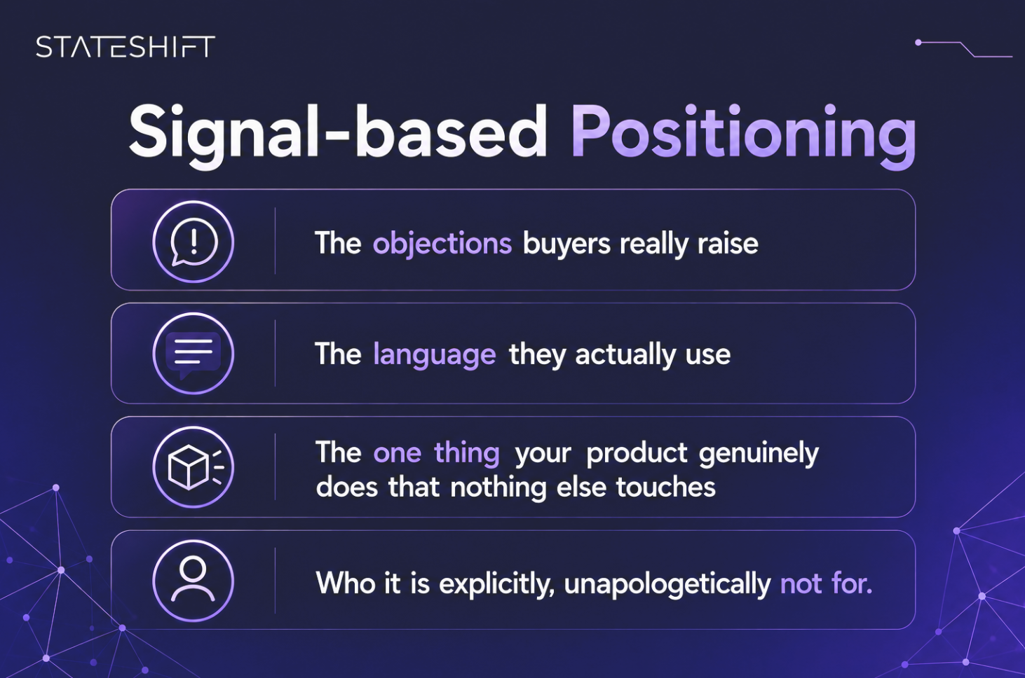 Stateshift's illustration of Signal-based Positioning, showcasing how to do developer-based messaging.